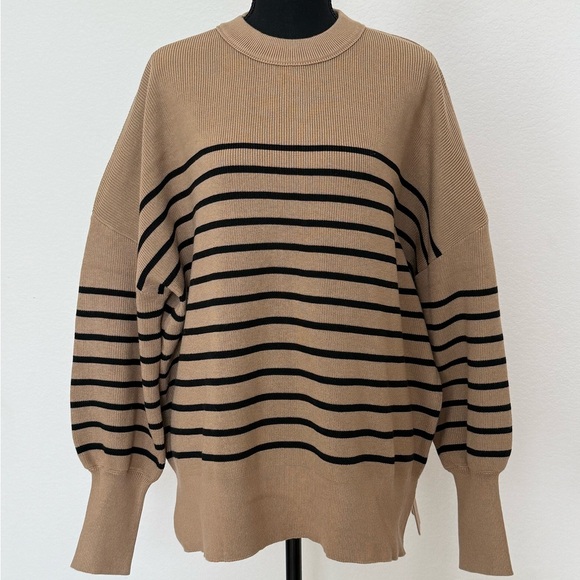 Sweaters - Lillusory Tan & Black Striped Sweater | Oversized Knit Pullover | Size M